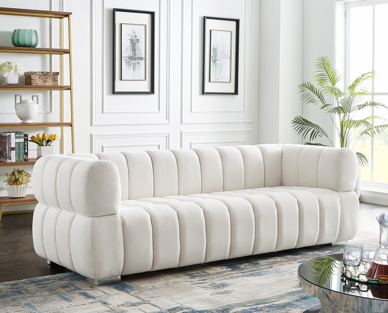 Gwen 91" Velvet Upholstered Sofa in Cream - 670Cream-S