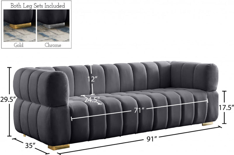 Gwen 91" Velvet Upholstered Sofa in Grey - 670Grey-S