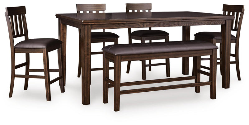 Haddigan Counter Height Dining Table and 4 Barstools and Bench in Dark Brown - PKG024552