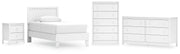 Hallityn Twin Panel Platform Bed with Dresser, Chest and Nightstand in White - PKG018839