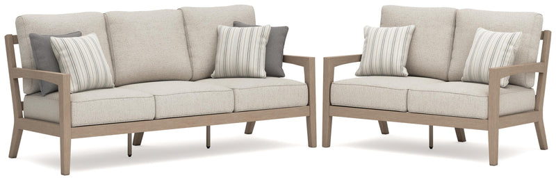 Hallow Creek Outdoor Sofa and Loveseat in Driftwood - PKG021263