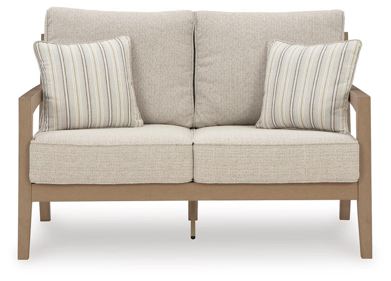 Hallow Creek Outdoor Sofa and Loveseat with Coffee Table in Driftwood - PKG021264