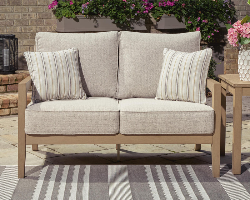 Hallow Creek Outdoor Sofa and Loveseat with Coffee Table in Driftwood - PKG021264