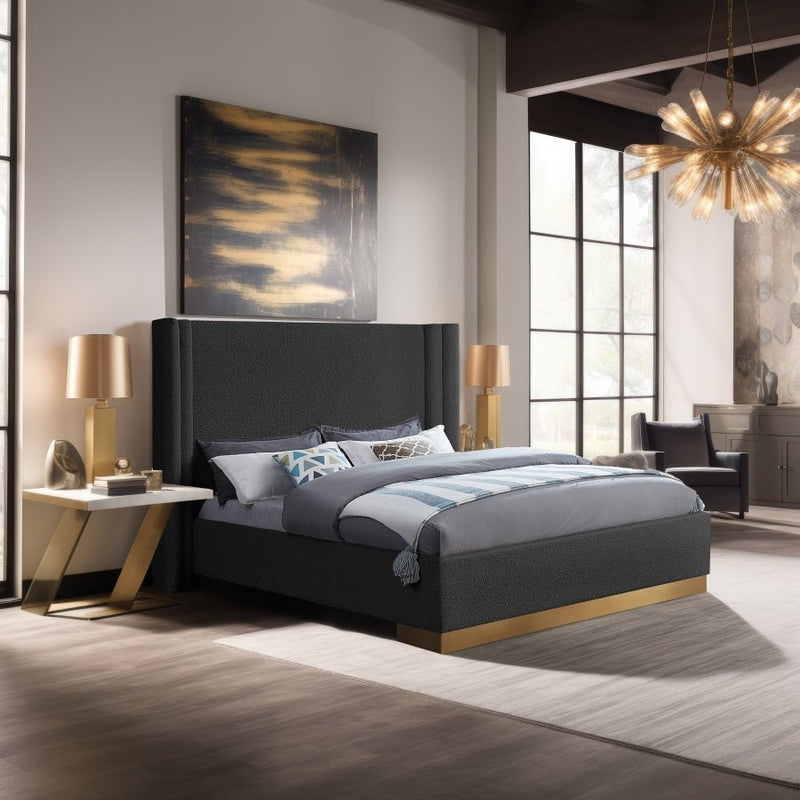 Halton Boucle Fabric Queen Bed (3 Boxes) Black - Gate FurnitureQueen Bed