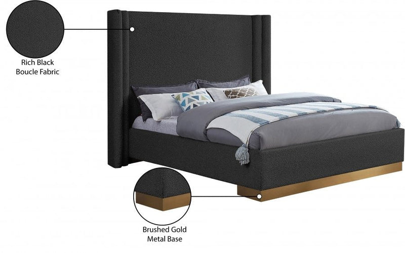 Halton Boucle Fabric Queen Bed (3 Boxes) Black - Gate FurnitureQueen Bed