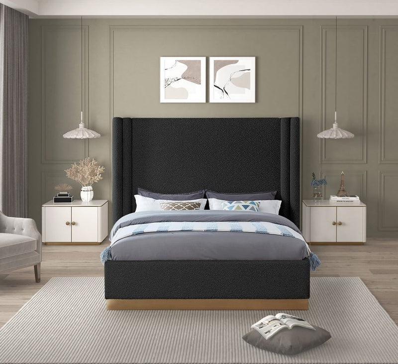 Halton Boucle Fabric Queen Bed (3 Boxes) Black - Gate FurnitureQueen Bed