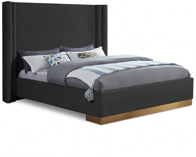 Halton Boucle Fabric Queen Bed (3 Boxes) Black - Gate FurnitureQueen Bed