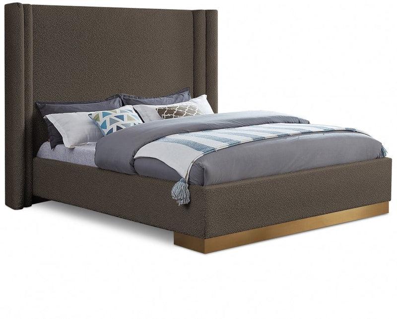 Halton Boucle Fabric Queen Bed (3 Boxes) Brown - Gate FurnitureQueen Bed