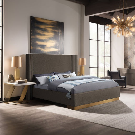 Halton Boucle Fabric Queen Bed (3 Boxes) Brown - Gate FurnitureQueen Bed