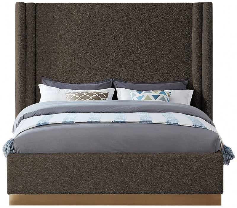 Halton Boucle Fabric Queen Bed (3 Boxes) Brown - Gate FurnitureQueen Bed