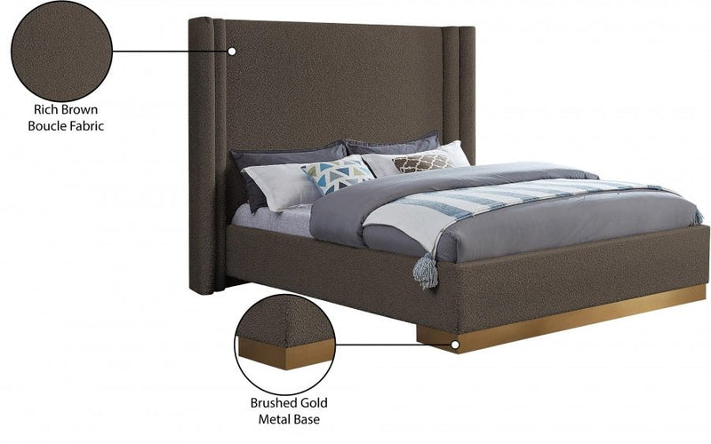 Halton Boucle Fabric Queen Bed (3 Boxes) Brown - Gate FurnitureQueen Bed