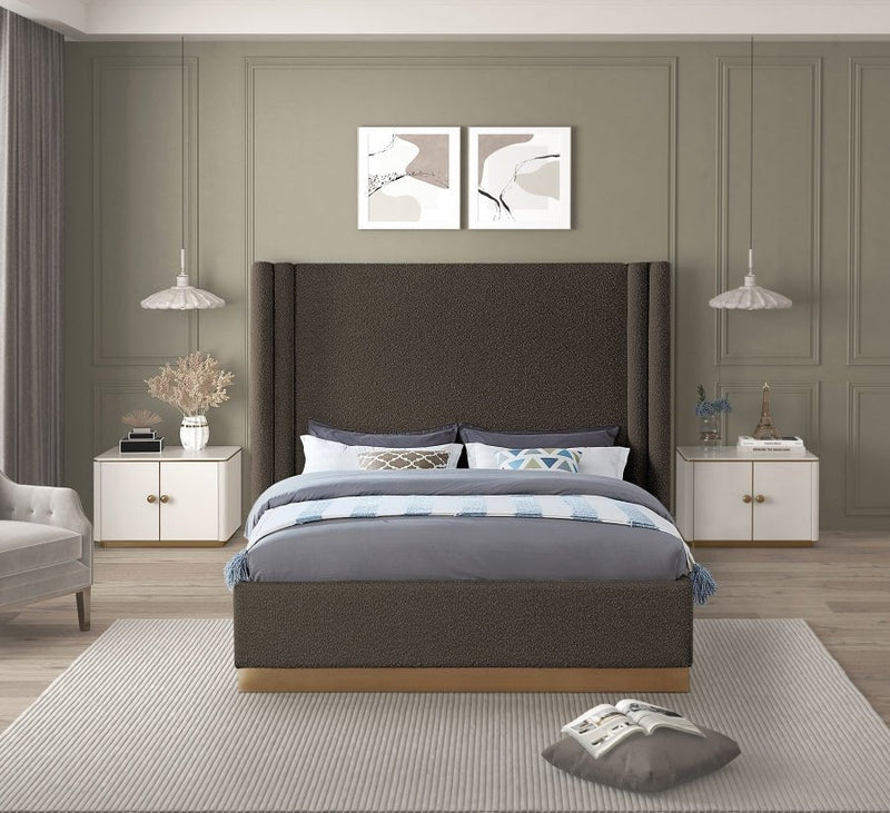Halton Boucle Fabric Queen Bed (3 Boxes) Brown - Gate FurnitureQueen Bed