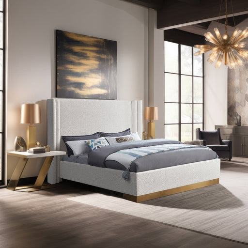Halton Boucle Fabric Queen Bed (3 Boxes) Cream - Gate FurnitureQueen Bed