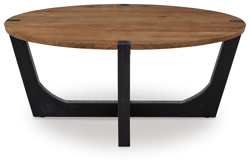 Hanneforth Coffee Table with 2 End Tables in Brown/Black - PKG016517