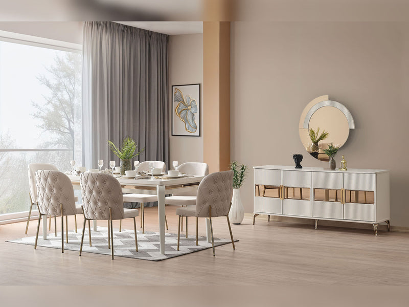 Hare Diningroom (Consol With Mirror & Dining Table & 6 Dining Chair) in White - 200-ALT-HAR-WHT-DT-6-SET
