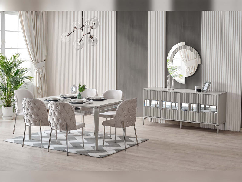 Hare Diningroom (Consol With Mirror & Dining Table & 6 Dining Chair) in White - 200-ALT-HAR-WHT-DT-6-SET