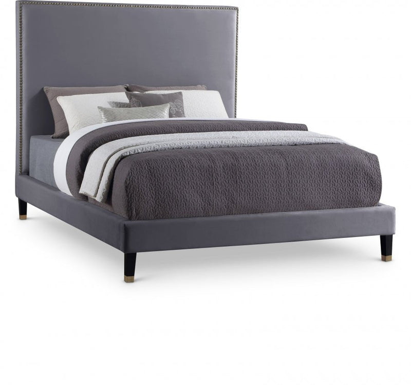 Harlie Velvet King Bed Grey - Gate FurnitureKing Bed