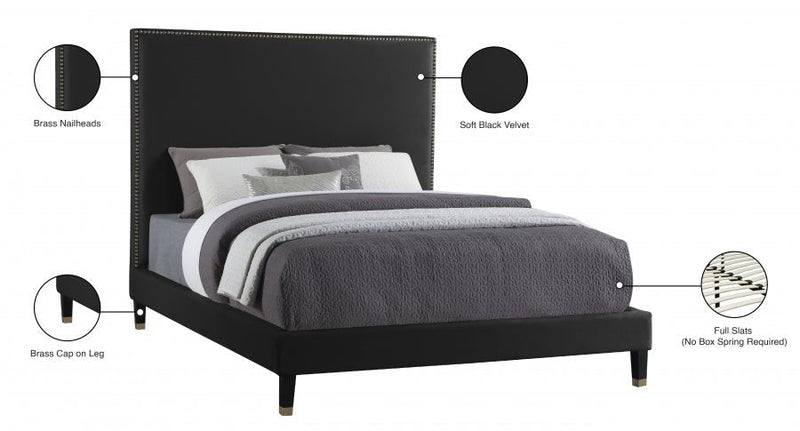 Harlie Velvet Queen Bed Black - Gate FurnitureQueen Bed