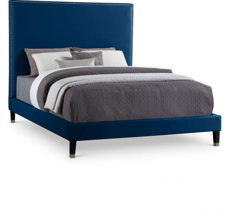 Harlie Velvet Queen Bed Blue - Gate FurnitureQueen Bed