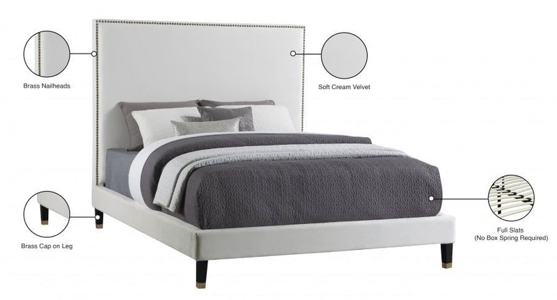 Harlie Velvet Queen Bed Cream - Gate FurnitureQueen Bed