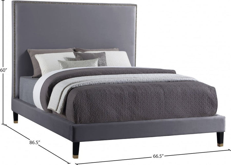 Harlie Velvet Queen Bed Grey - Gate FurnitureQueen Bed