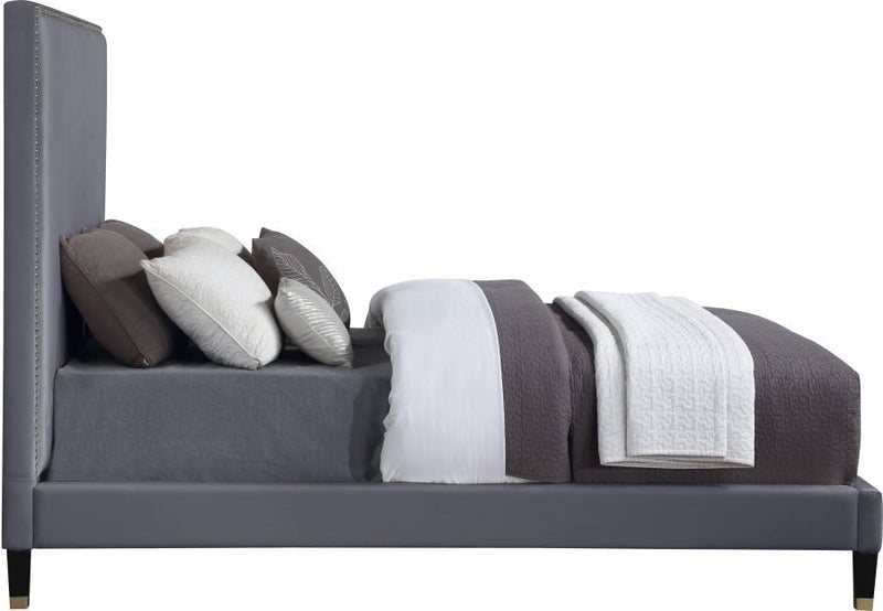 Harlie Velvet Queen Bed Grey - Gate FurnitureQueen Bed