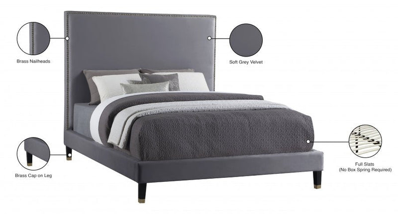 Harlie Velvet Queen Bed Grey - Gate FurnitureQueen Bed