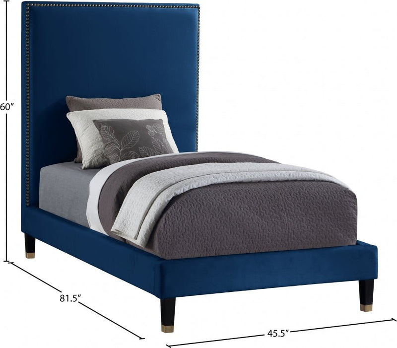 Harlie Velvet Twin Bed Blue - Gate FurnitureTwin Bed