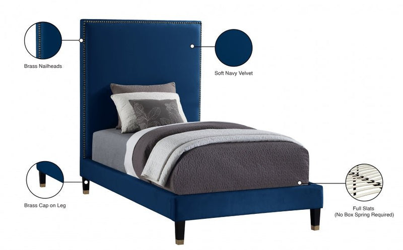 Harlie Velvet Twin Bed Blue - Gate FurnitureTwin Bed