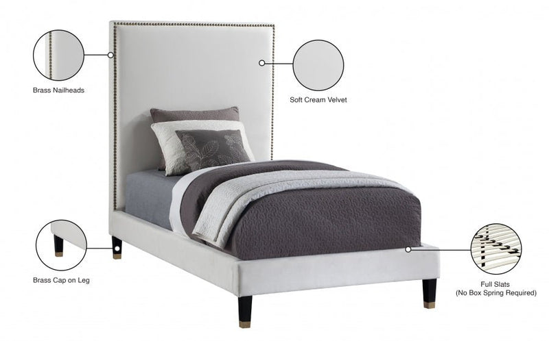 Harlie Velvet Twin Bed Cream - Gate FurnitureTwin Bed