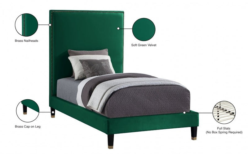Harlie Velvet Twin Bed Green - Gate FurnitureTwin Bed