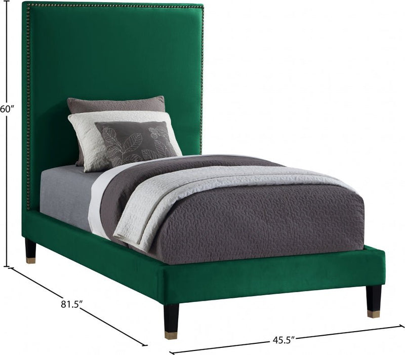 Harlie Velvet Twin Bed Green - Gate FurnitureTwin Bed