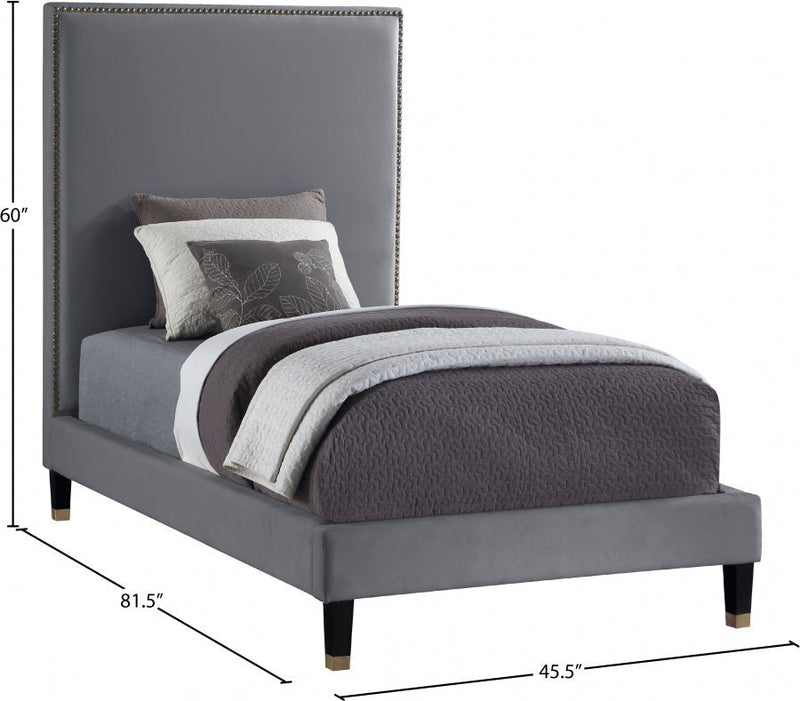 Harlie Velvet Twin Bed Grey - Gate FurnitureTwin Bed
