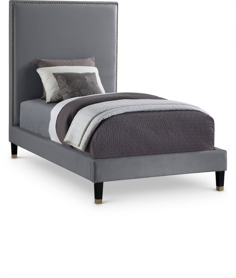 Harlie Velvet Twin Bed Grey - Gate FurnitureTwin Bed