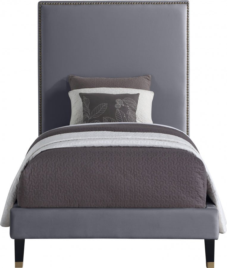 Harlie Velvet Twin Bed Grey - Gate FurnitureTwin Bed