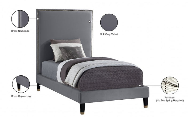 Harlie Velvet Twin Bed Grey - Gate FurnitureTwin Bed
