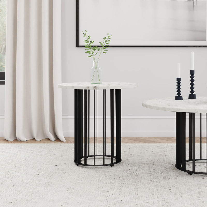 Haven Round Genuine White Marble Top End Side Table Black - 706207