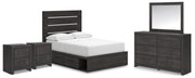 Hollivern Full Panel Bed with Storage, Dresser, Mirror and 2 Nightstands in Dark Gray - PKG021647