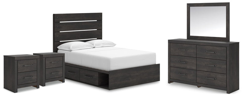 Hollivern Full Panel Bed with Storage, Dresser, Mirror and 2 Nightstands in Dark Gray - PKG021647