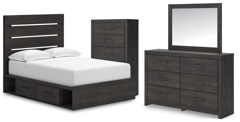 Hollivern Full Panel Bed with Storage, Dresser, Mirror and Chest in Dark Gray - PKG021650
