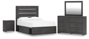 Hollivern Full Panel Bed with Storage, Dresser, Mirror and Nightstand in Dark Gray - PKG021649