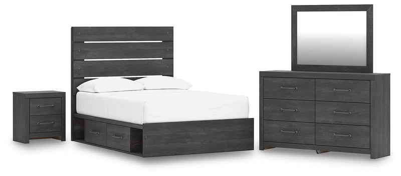 Hollivern Full Panel Bed with Storage, Dresser, Mirror and Nightstand in Dark Gray - PKG021649
