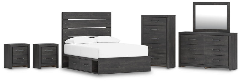Hollivern Full Panel Bed with Storage, Dresser, Mirror, Chest and 2 Nightstands in Dark Gray - PKG021648
