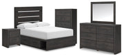 Hollivern Full Panel Bed with Storage, Dresser, Mirror, Chest and Nightstand in Dark Gray - PKG021651
