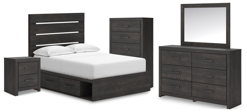 Hollivern Full Panel Bed with Storage, Dresser, Mirror, Chest and Nightstand in Dark Gray - PKG021651
