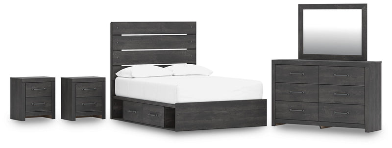 Hollivern Full Panel Storage Bed, Dresser, Mirror and 2 Nightstands in Dark Gray - PKG021631