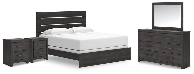 Hollivern King Panel Bed, Dresser, Mirror and 2 Nightstands in Dark Gray - PKG021615