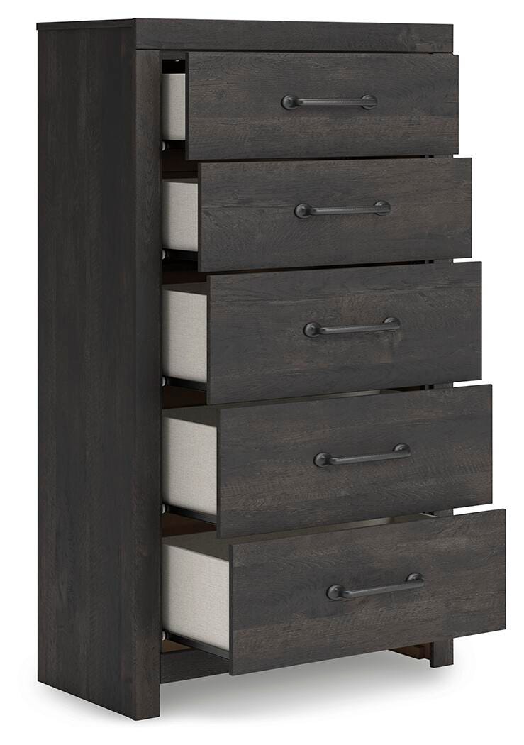 Hollivern King Panel Bed, Dresser, Mirror and Chest in Dark Gray - PKG021618