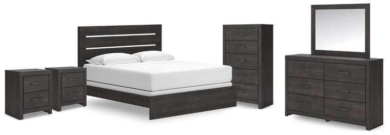Hollivern King Panel Bed, Dresser, Mirror, Chest and 2 Nightstands in Dark Gray - PKG021616