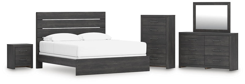 Hollivern King Panel Bed, Dresser, Mirror, Chest and Nightstand in Dark Gray - PKG021619